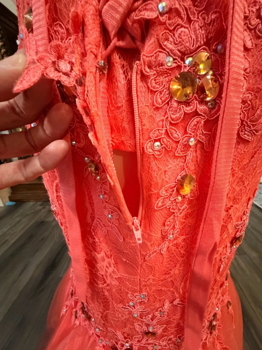 Anny Lee Coral Lace Mermaid Prom Dress Beaded Formal Gown Small Pageant Event - Picture 5 of 16